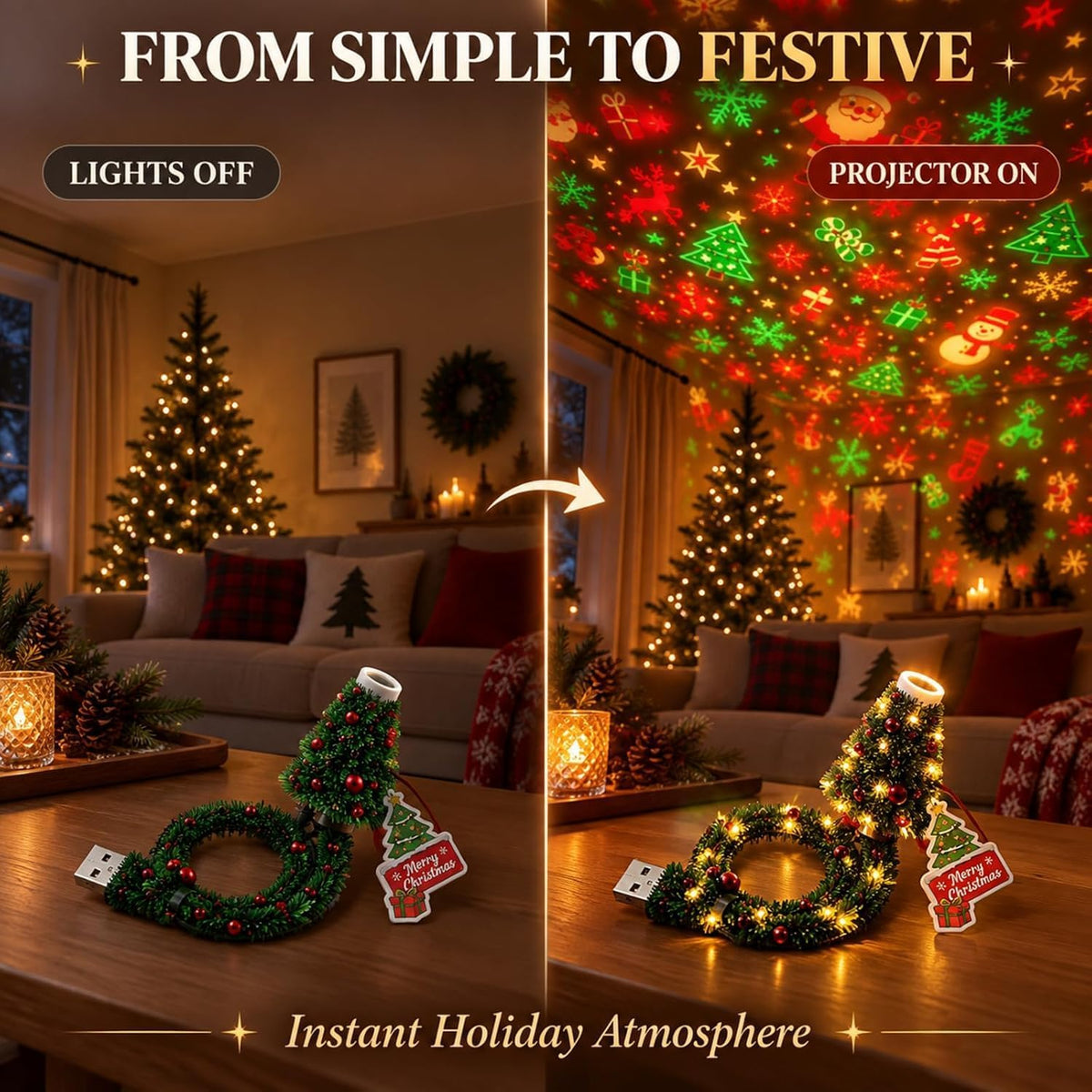 Christmas Projector Light, Plug and Play HD Christmas Projector